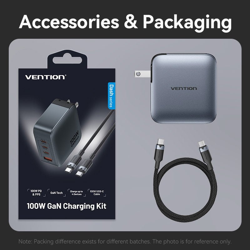 Vention 4-Port USB (C + C + C + A) GaN Charger (100W/100W/30W/30W) UK-Plug Gray