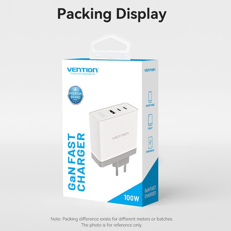 Vention 3-Port USB (C+C+A) GaN Charger (100W/100W/30W) EU-Plug