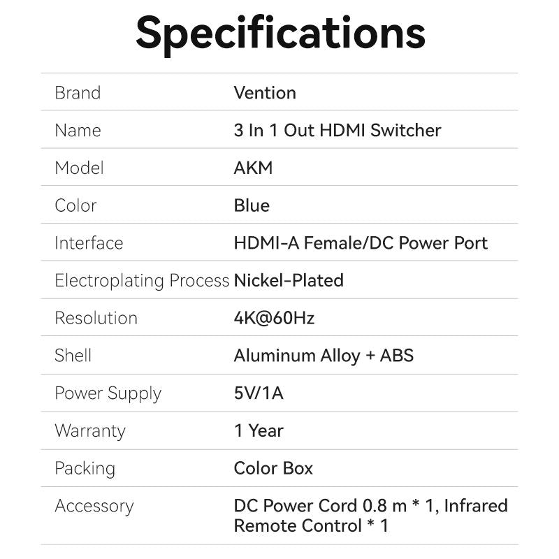 Vention 3 In 1 Out HDMI™ Switcher Blue Aluminum Alloy Type