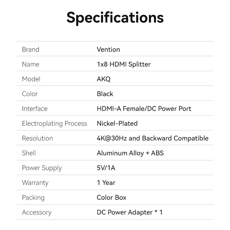 Vention 4K 1x8 HDMI™ Splitter Black Aluminum Alloy Type EU Standard