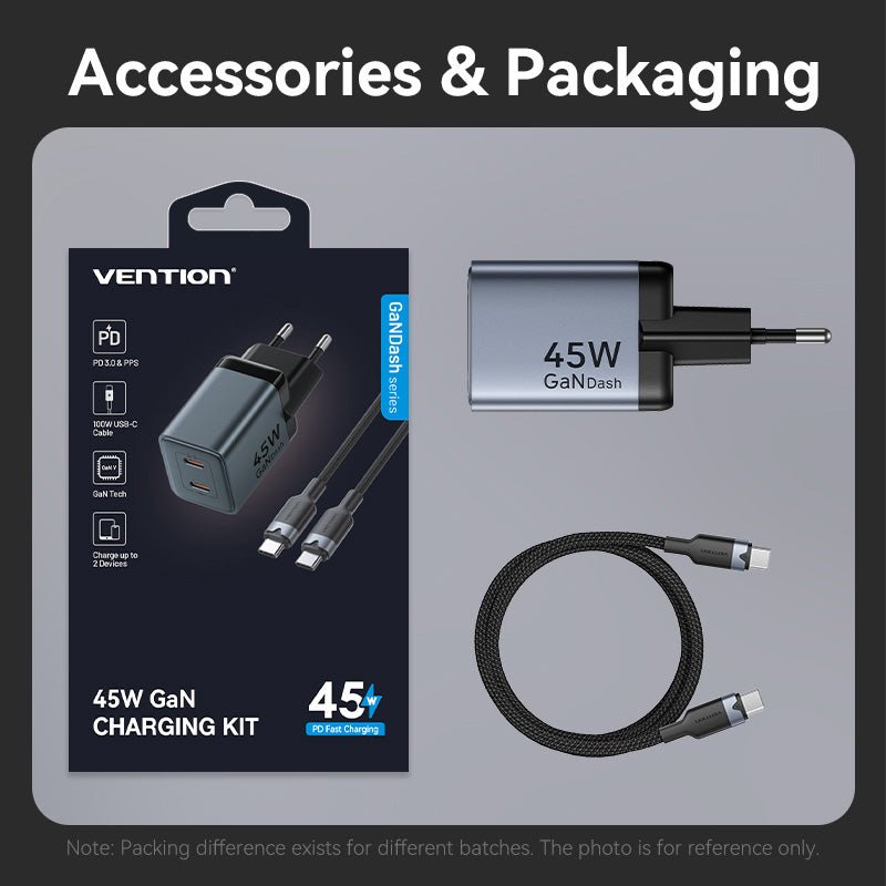 Vention 2-Port USB (C + C) GaN Charger (45W/45W) Gray with USB-C to USB-C Cable (1M) Black EU-Plug