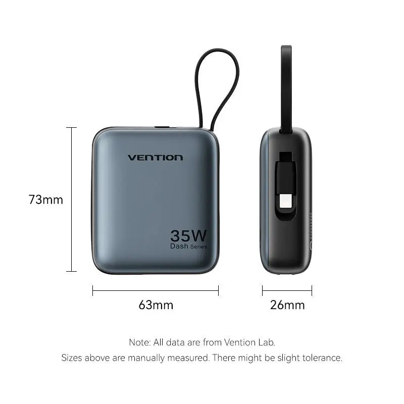 Vention 10000mAh Mini Power Bank (USB-C + USB-C/Lightning) with Built-in USB-C and Lightning Cables 35W Gray