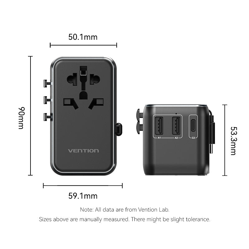Vention 3-Port USB (C + A + A) GaN Universal Travel Adapter (65W/60W/5W) with Built-in USB-C Cable Black