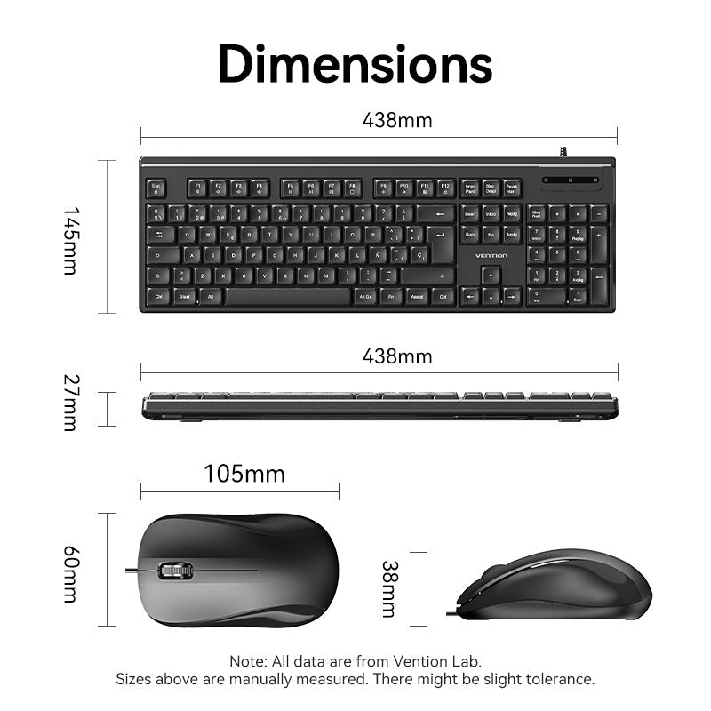 Vention USB Wired Full-Sized Silent Keyboard and Mouse Combo Black Slim Type - Spanish Layout