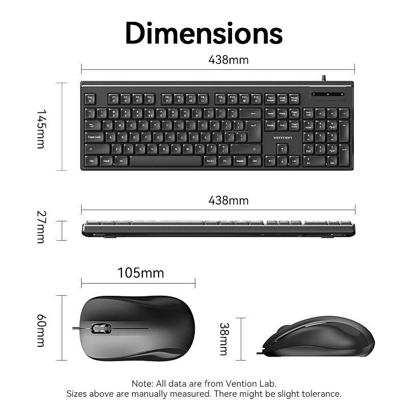 Vention USB Wired Full-Sized Silent Keyboard and Mouse Combo Black Slim Type