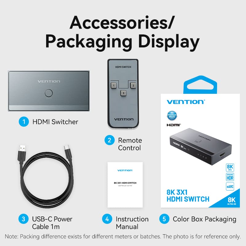 Vention 3 In 1 Out 8K HDMI™ Switcher Gray Aluminium Alloy Type