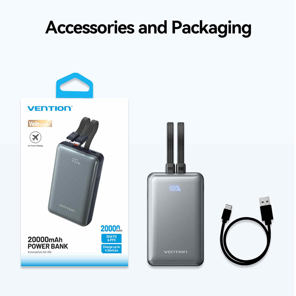 Vention 20000mAh Power Bank with Built-in USB-C and Lightning Cables 35W
