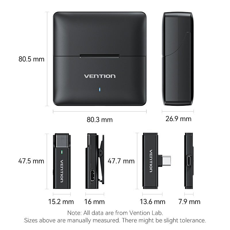 Vention USB-C 2-Pack Wireless Lavalier Microphone with Charging Case Black Type