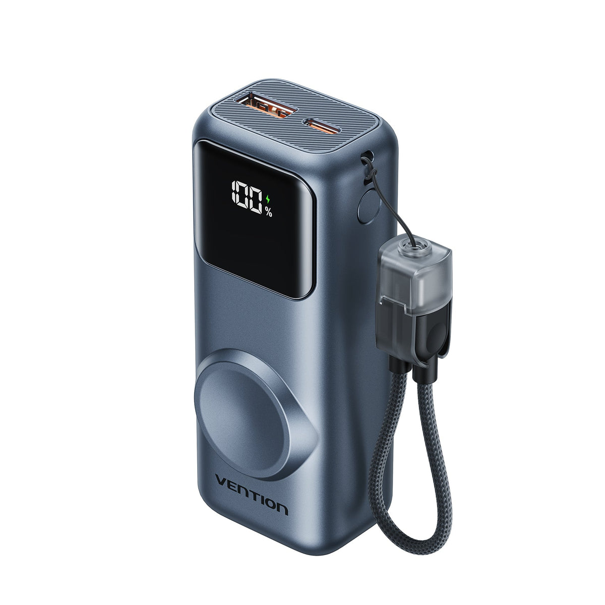 Vention Mini 10000mAh Power Bank (USB-C + USB-A) with Built-in USB-C  Cable and Apple Watch Charging Area 22.5W Gray LED Display Type