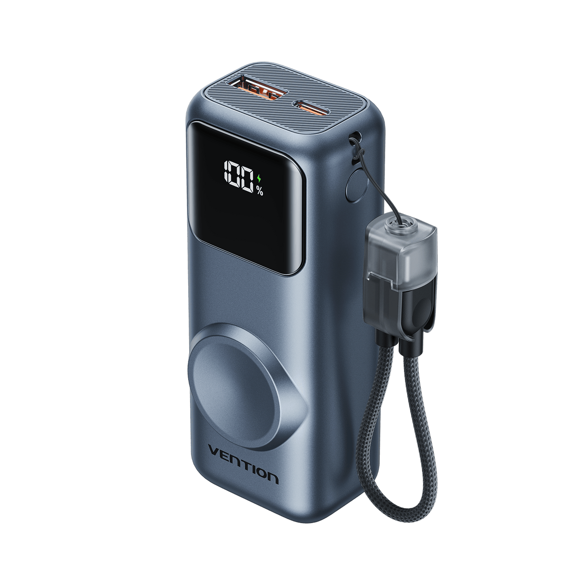 Vention Mini 10000mAh Power Bank (USB-C + USB-A) with Built-in USB-C  Cable and Apple Watch Charging Area 22.5W Gray LED Display Type