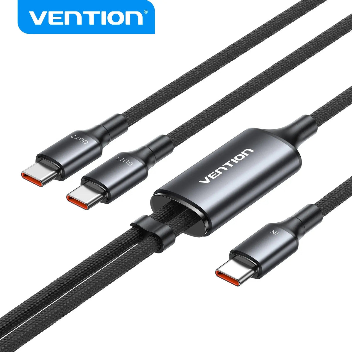 Vention USB 2.0 Type-C Male to 2 Type-C Male 5A Cable Black Aluminum Alloy Type