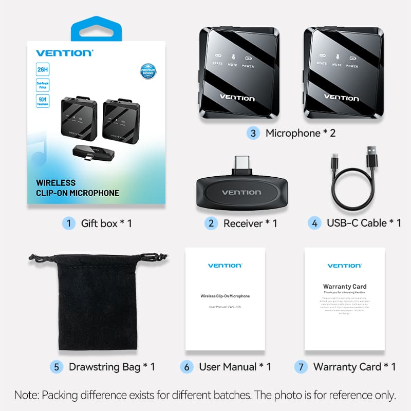 Vention USB-C 2-Pack Wireless Lavalier Microphone Black Type