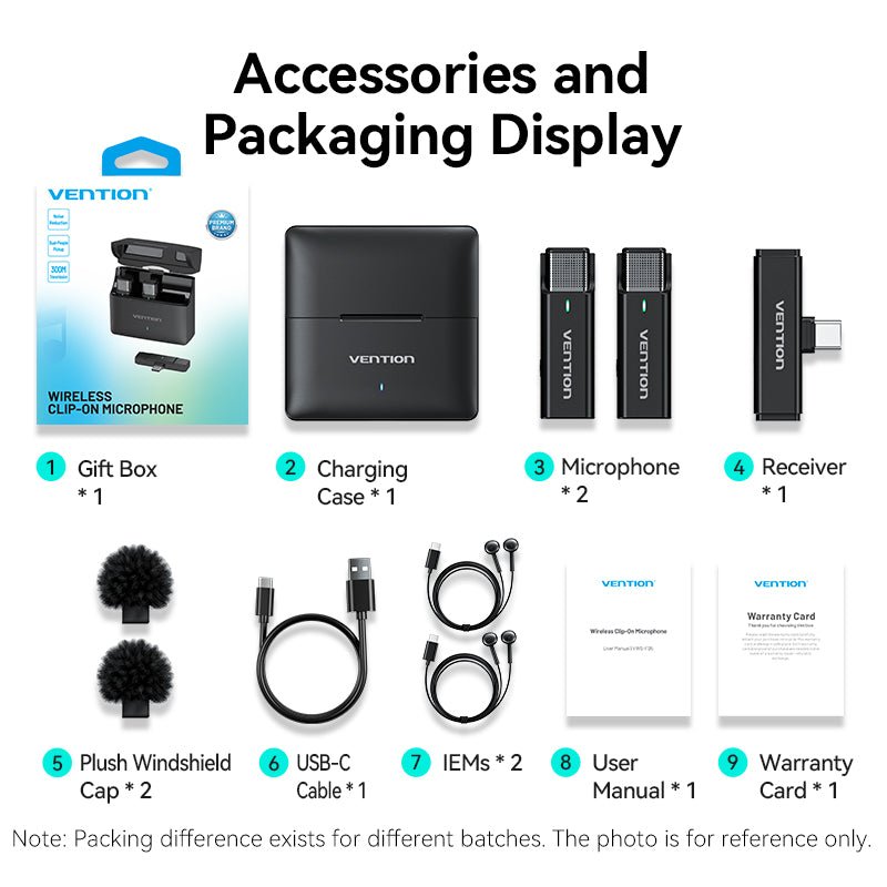 Vention USB-C 2-Pack Wireless Lavalier Microphone with Charging Case Black Type