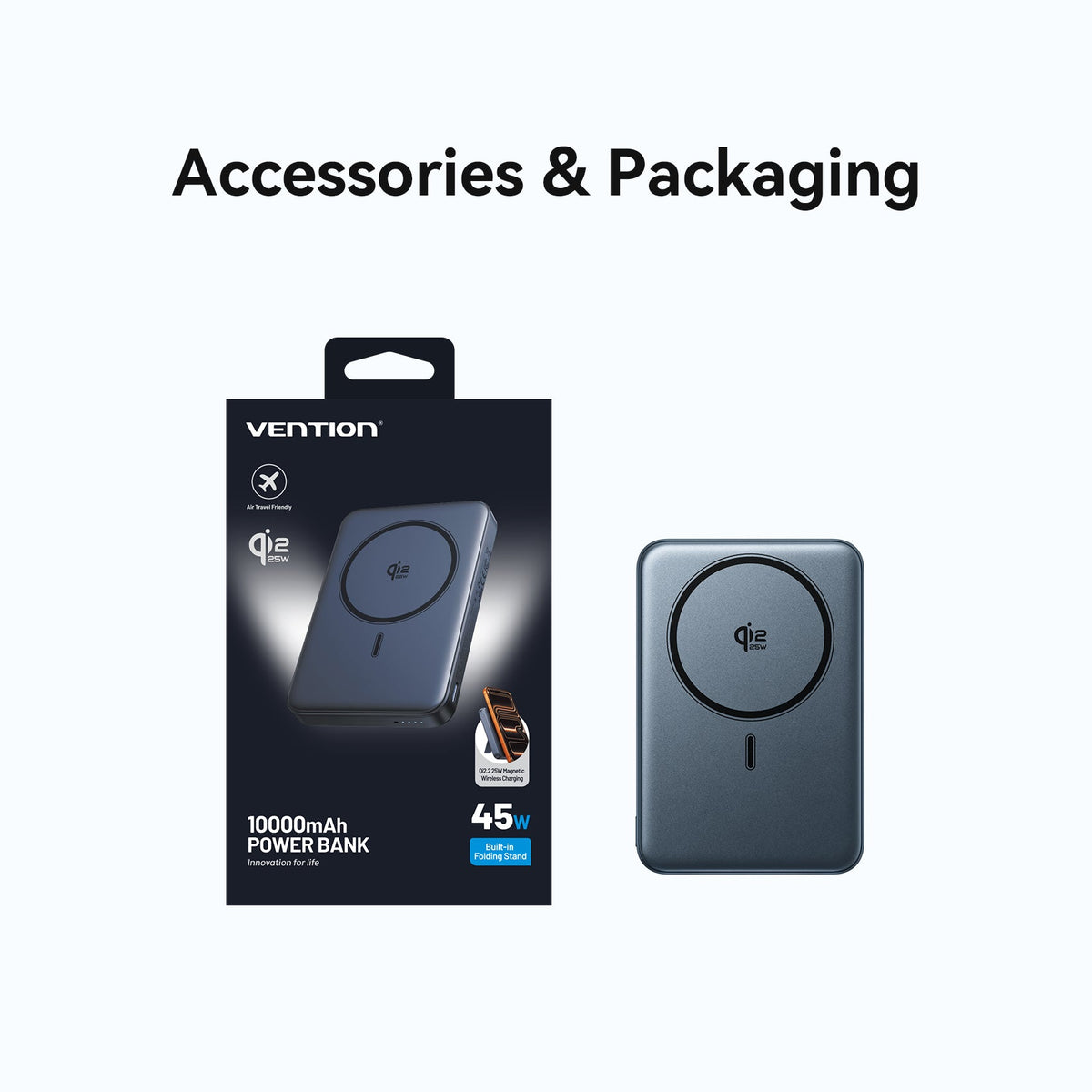 Vention Qi2.2 10000mAh Magnetic Wireless Power Bank (USB-C + USB-C/Wireless) 45W Gray