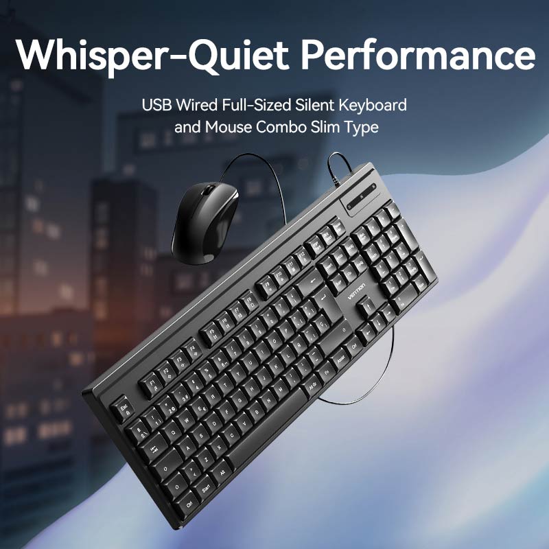 Vention USB Wired Full-Sized Silent Keyboard and Mouse Combo Black Slim Type - Spanish Layout