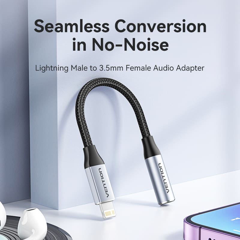 Vention Cotton Braided Lightning Male to 3.5MM Earphone Jack Adapter Aluminum Alloy Type