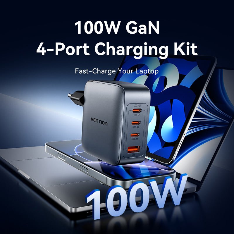 Vention 4-Port USB (C + C + C + A) GaN Charger (100W/100W/30W/30W) Gray with USB-C to USB-C Cable (1M) Black EU-Plug