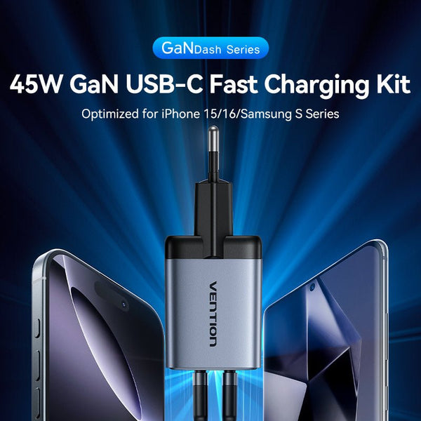 Vention 2-Port USB (C + C) GaN Charger (45W/45W) Gray with USB-C to USB-C Cable (1M) Black EU-Plug