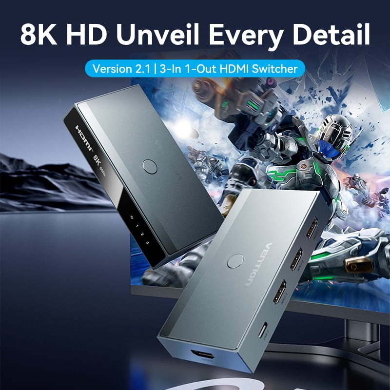Vention 3 In 1 Out 8K HDMI™ Switcher Gray Aluminium Alloy Type