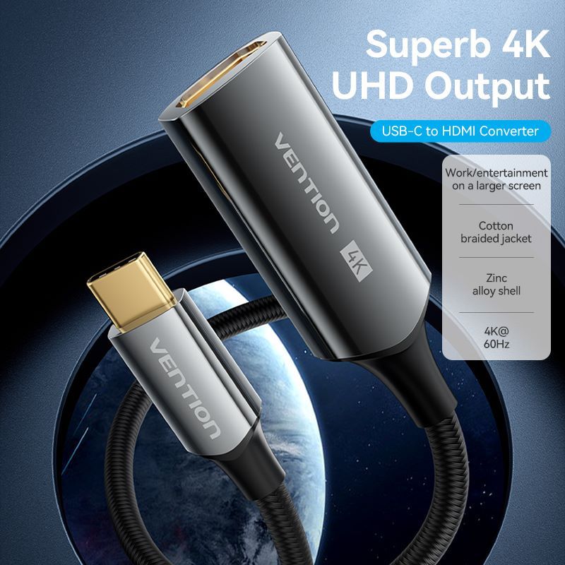 Vention  Cotton Braided USB-C to HDMI™ 4K Converter 0.25M Black Zinc Alloy Type