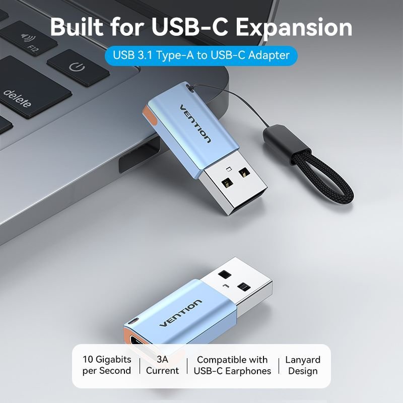 Vention USB 3.1 Type-A Male to USB-C Female Adapter with Lanyard Gray Aluminum Alloy Type