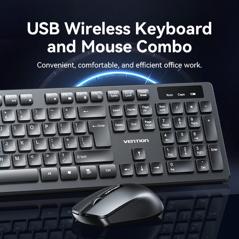 Vention Wireless Full-Sized Keyboard and Mouse Combo with Mouse Pad Black Slim Type - US English Layout