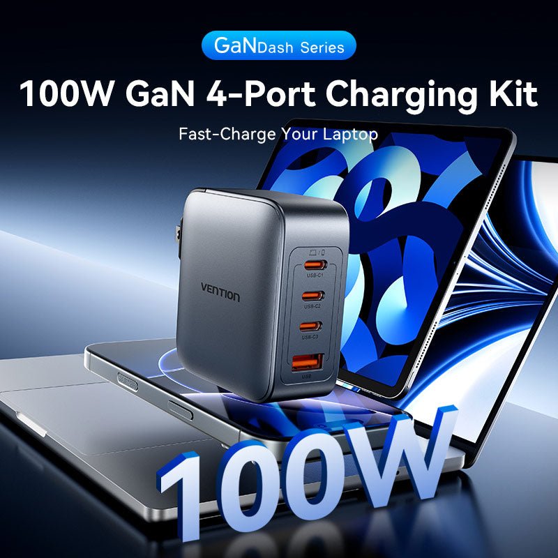Vention 4-Port USB (C + C + C + A) GaN Charger (100W/100W/30W/30W) Gray with USB-C to USB-C Cable (1M) Black US-Plug