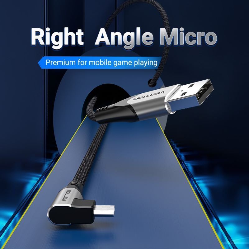 USB 2.0 A Male to Micro-B Male Right Angle 3A Cable 0.25/0.5/1/1.5/2/3M Gray Aluminum Alloy Type