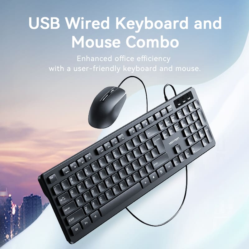 Vention USB Wired Full-Sized Keyboard and Mouse Combo Black Slim Type - US English Layout