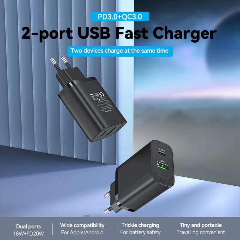 Vention 2-port USB(A+C) Wall Charger (18W+20W) EU-Plug Black