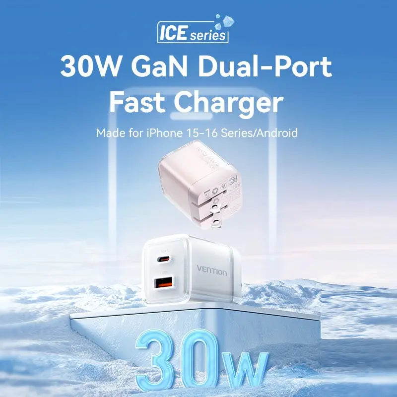 Vention 2-Port USB (C + A) GaN Charger (30W/30W) US-Plug