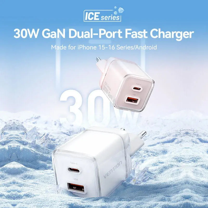 Vention 2-Port USB (C + A) GaN Charger (30W/30W) EU-Plug