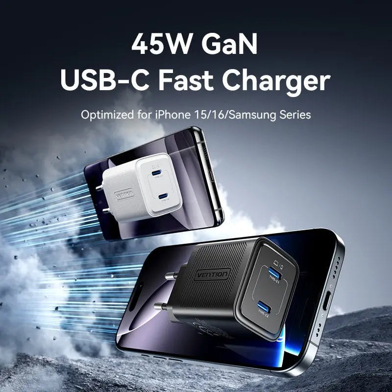Vention 2-Port USB (C + C) GaN Charger (45W/45W) EU-Plug Black