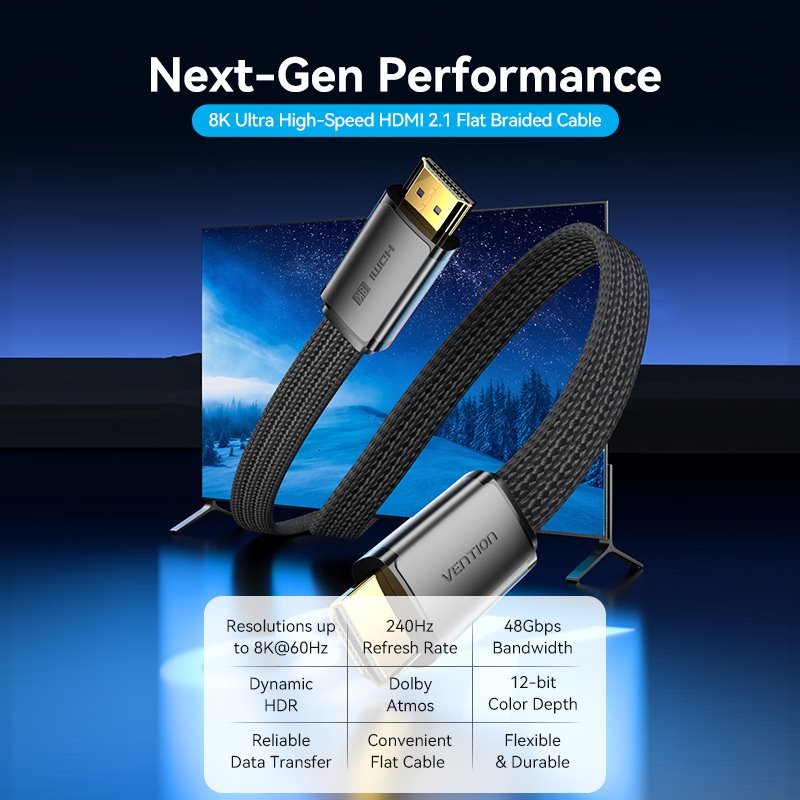 Vention Flat Nylon Braided HDMI™-A Male to Male 8K HD Cable 2M Black