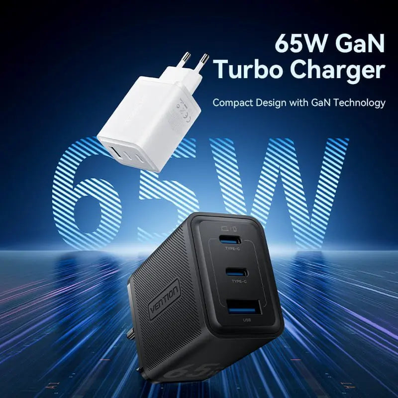 Vention 3-Port USB (C+C+A) GaN Charger (65W/65W/60W) EU-Plug