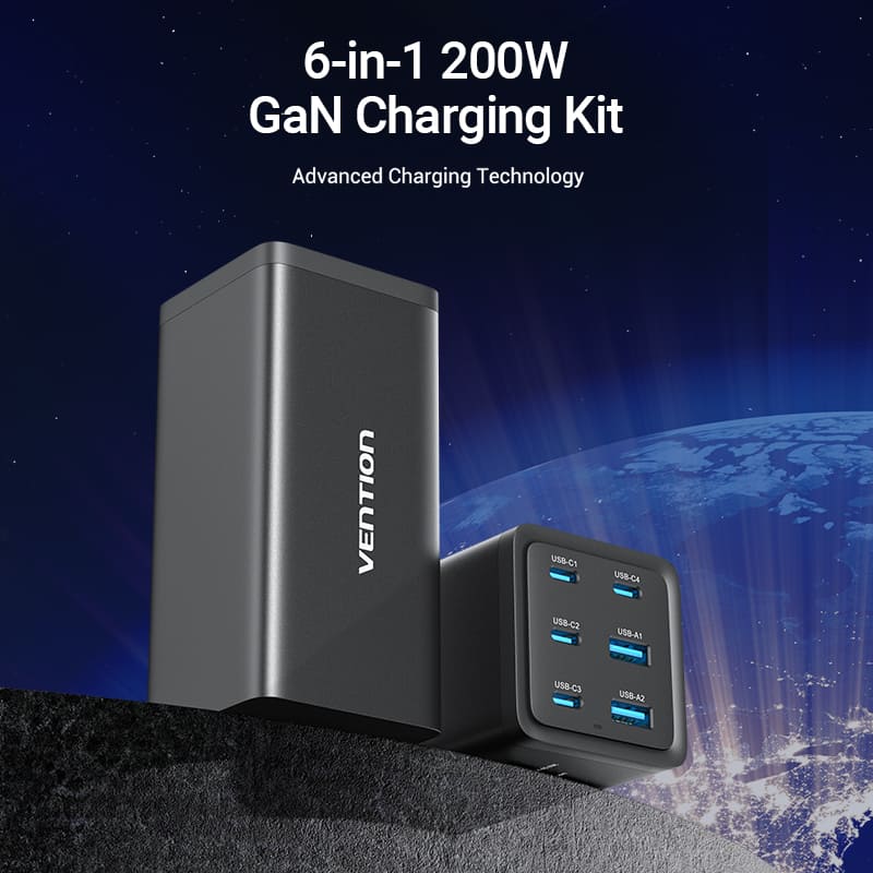 Vention 6-Port USB (C+C+C+C +A+A) Desktop GaN Charger (140W/140W/45W/20W/18W/18W) Plug
