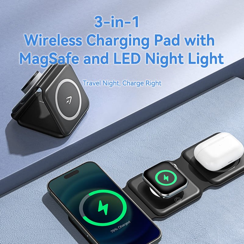 Vention 3-in-1 15W Wireless Charging Pad with MagSafe and LED Night Light Black