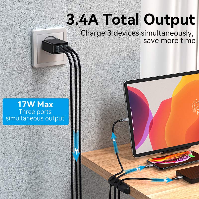 Vention 3-Port USB(A+A+A) Wall Charger(12W/12W/12W) EU-Plug