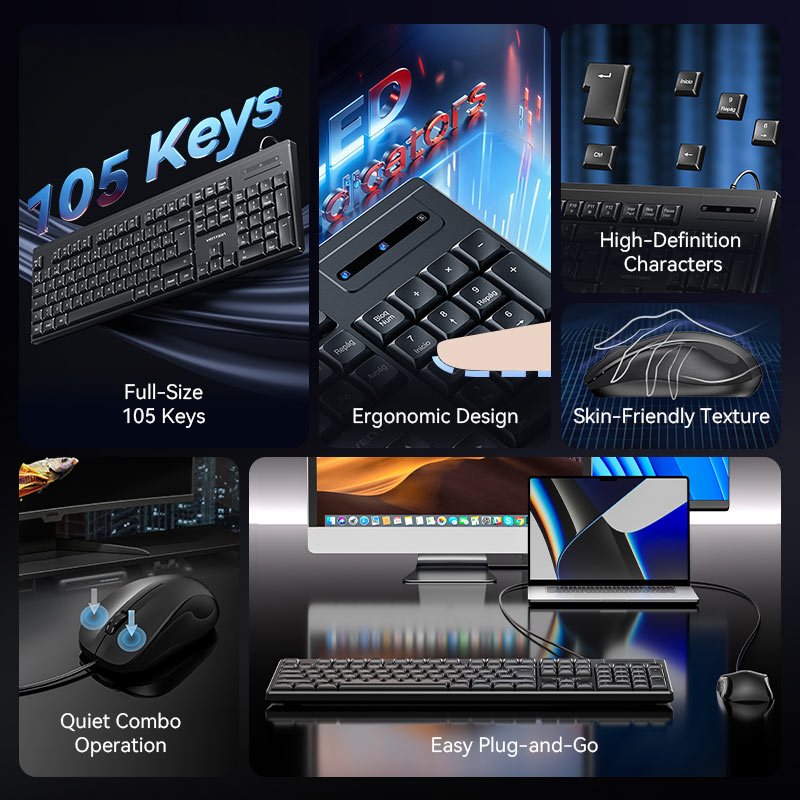 Vention USB Wired Full-Sized Silent Keyboard and Mouse Combo Black Slim Type - Spanish Layout