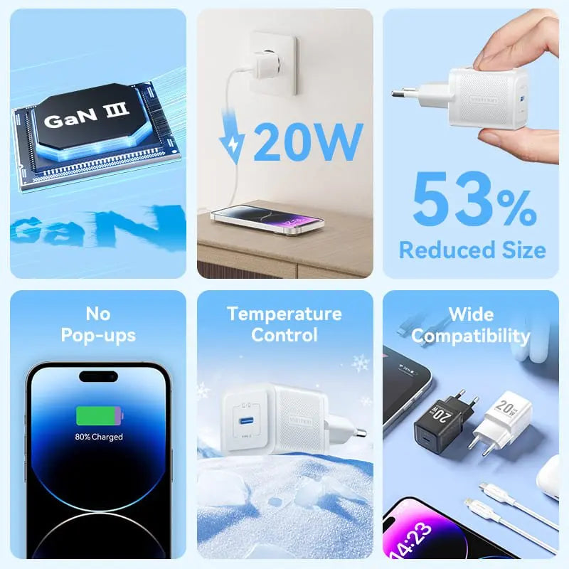 Vention 1-Port USB-C GaN Charger (20W) with USB-C to USB-C Cable