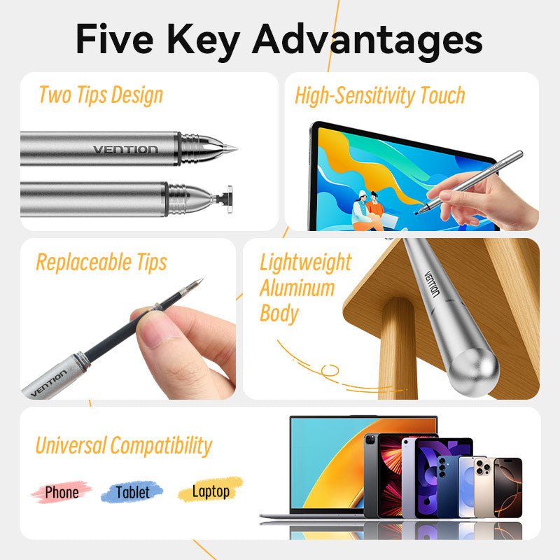 Vention 2-in-1 Stylus Pen Gray Aluminum Alloy Type