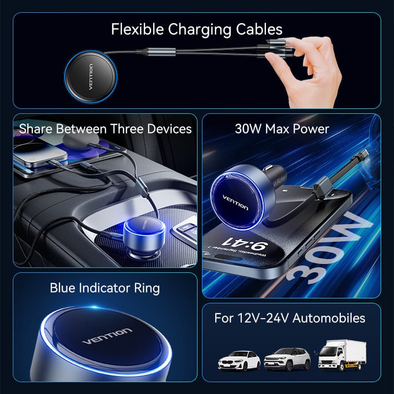 Vention Car Charger with Built-In Cable