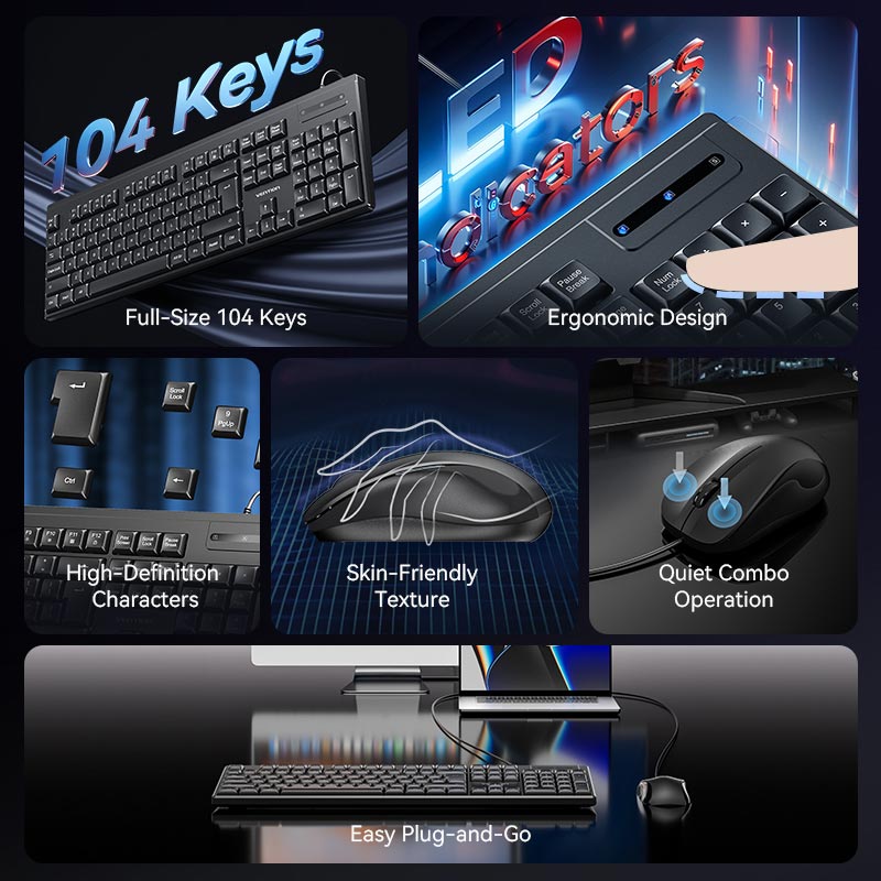 Vention USB Wired Full-Sized Silent Keyboard and Mouse Combo Black Slim Type