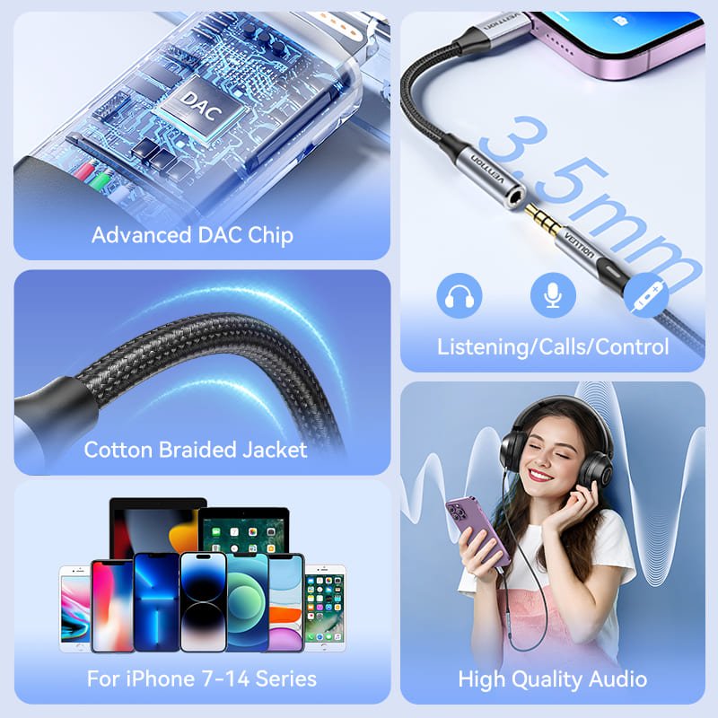 Vention Cotton Braided Lightning Male to 3.5MM Earphone Jack Adapter Aluminum Alloy Type