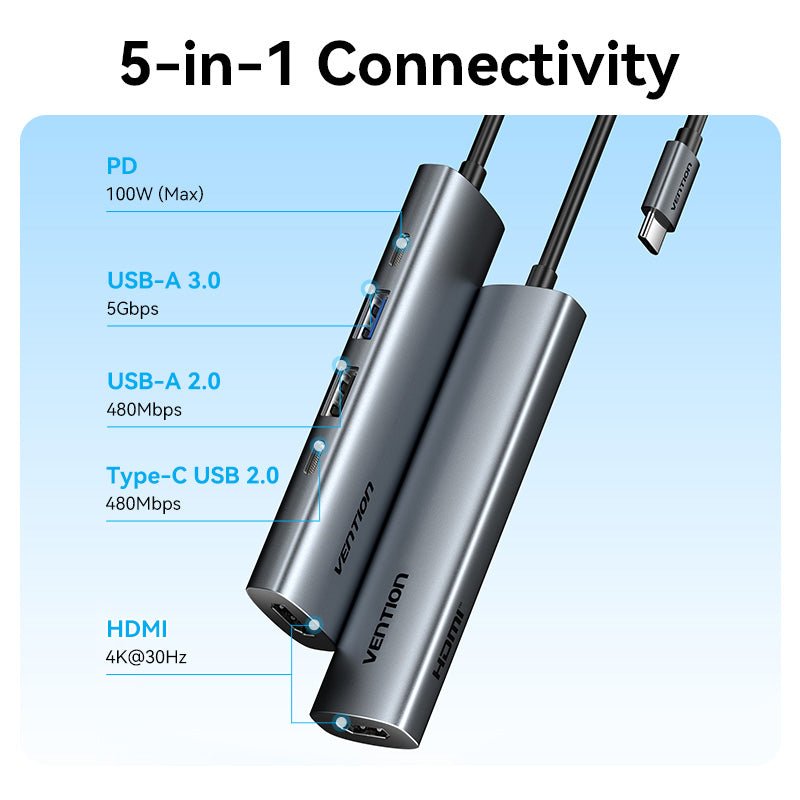 Vention USB-C to HDMI™ + USB 3.0 + USB 2.0 + USB 2.0 Type-C + PD Docking Station