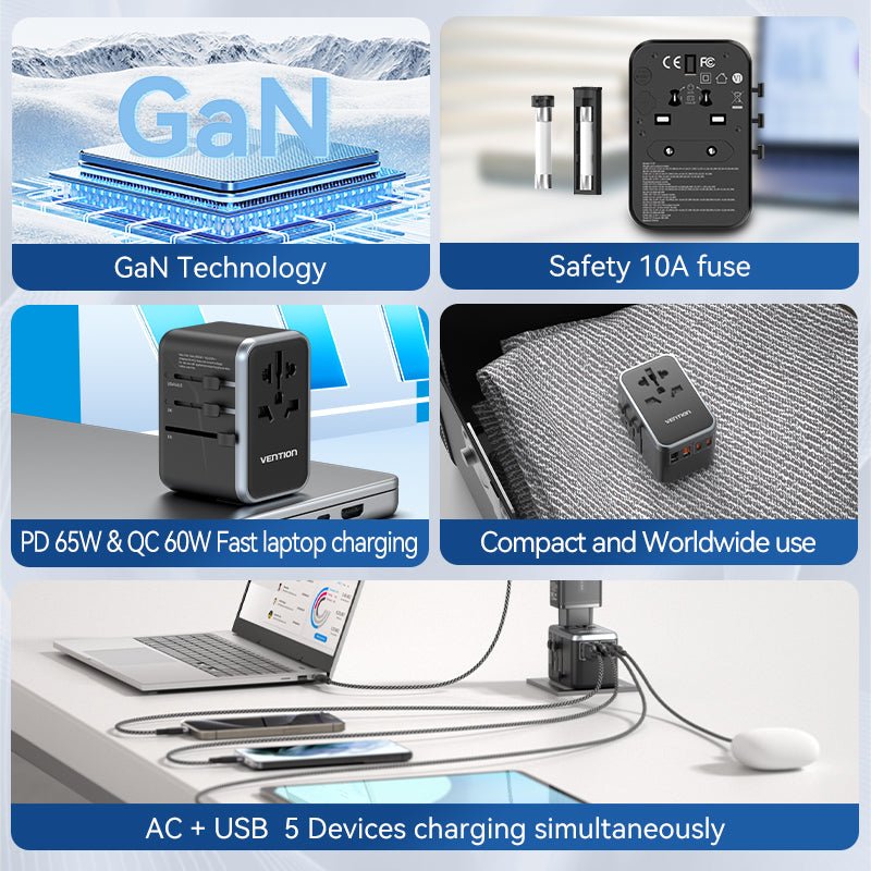 Vention 4-Port USB (C+C+A+A) GaN Universal Travel Adapter (65W/65W/60W/5W)