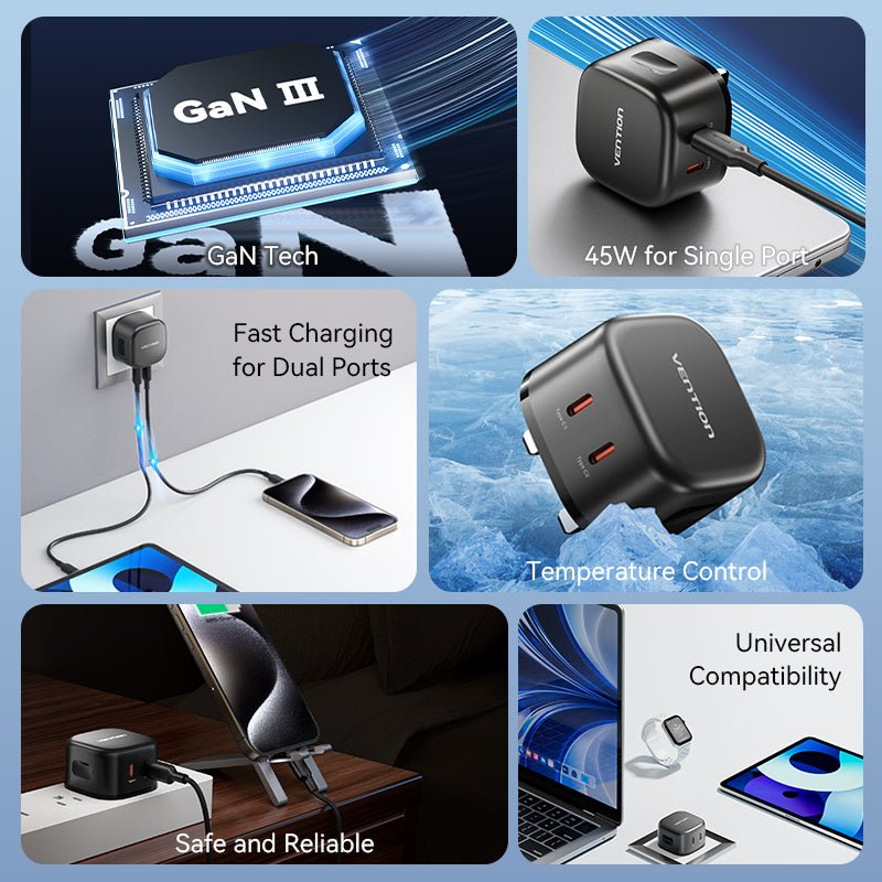 Vention 2-Port USB (C + C) GaN Charger (45W/45W) UK-Plug Black