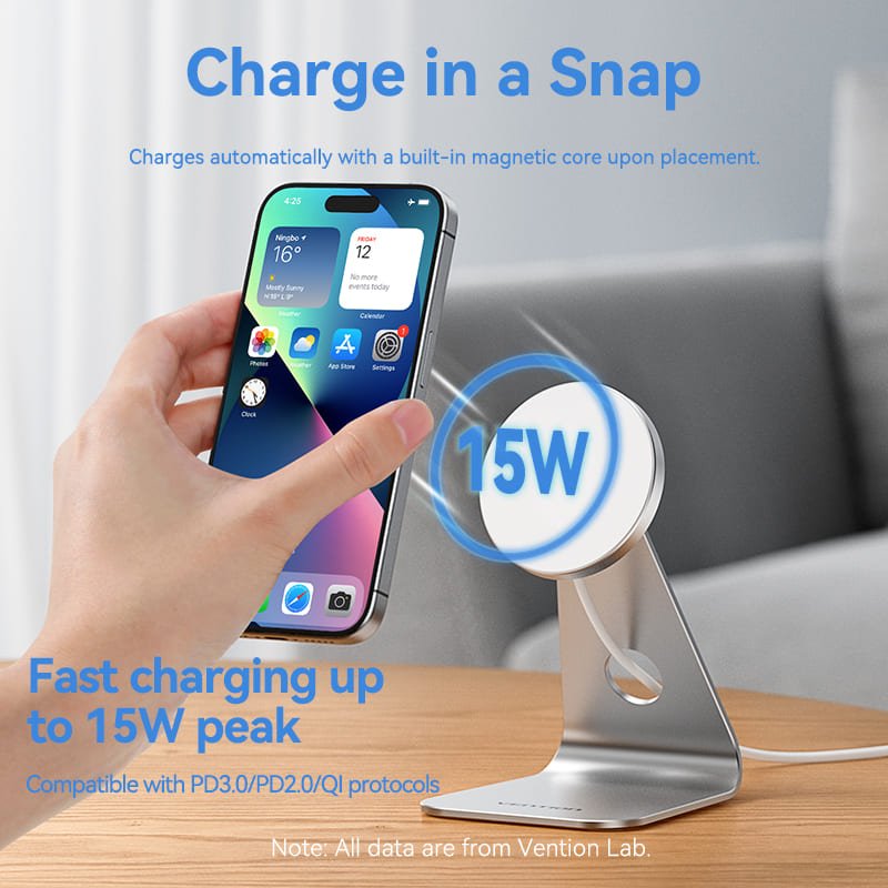 Vention 15W Magnetic Wireless Charger Stand with MagSafe 1M Silver