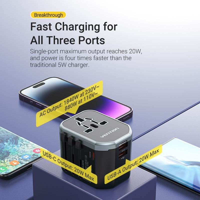 Vention 3-Port USB (C+C+A) Universal Travel Adapter (20W/18W/18W)
