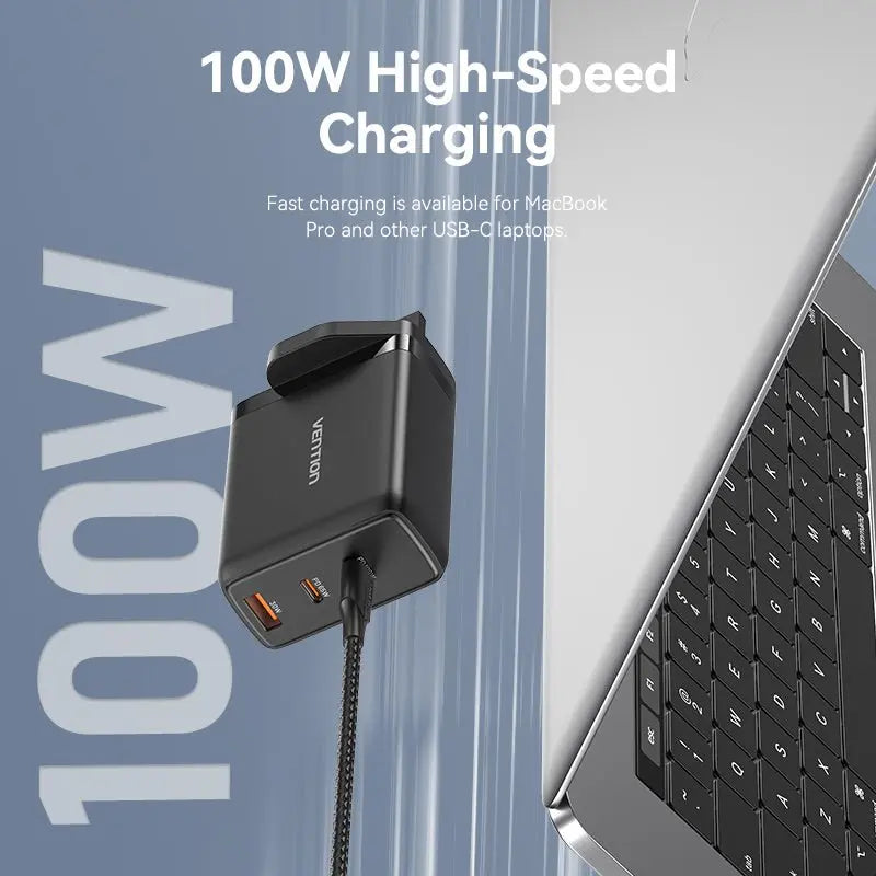 Vention 3-Port USB (C+C+A) GaN Charger (100W/65W/30W) UK-Plug